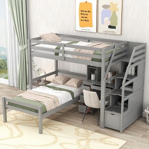 NicBex Twin over Twin Bunk Bed with Desk Pine Bed Frame with 2 Shelves, 4 Drawers, Storage Stairs and Guardrail, No Box Spring Required, Gray - 1 of 4