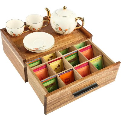 Double-Drawer Acacia Wood Tea Bag Organizer, 16-Compartment Tea Box, Storage Caddy for Countertop Cabinet