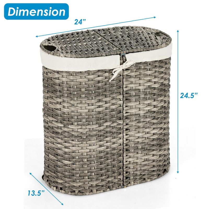 Costway Handwoven Laundry Hamper Laundry Basket w/2 Removable Liner Bags Brown/Grey, 3 of 11