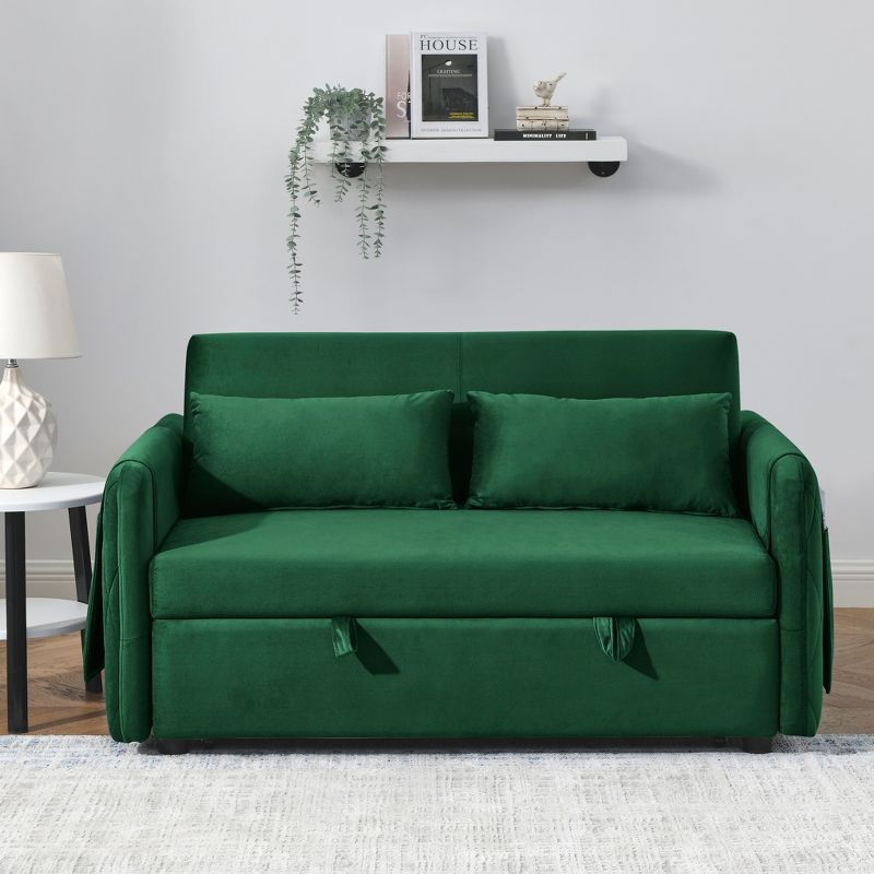 55" Pull Out Sleeper Sofa Bed, Velvet Upholstered Loveseat Sofa with Adjustable Backrest and Pillows-ModernLuxe, 1 of 11