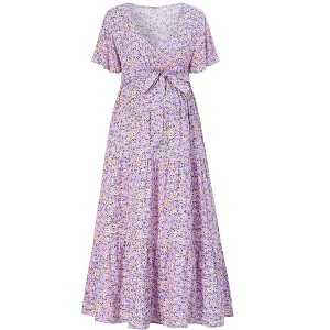 V-neck flared sleeve short sleeved long maternity dress - 1 of 1