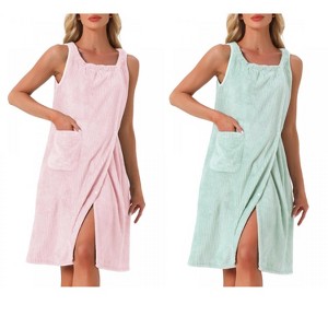 INSPIRE CHIC Women's 2 Pcs Shower Wrap Wearable Button Bath Towel Robe Sleeveless Snap Dress with Pockets - 1 of 4