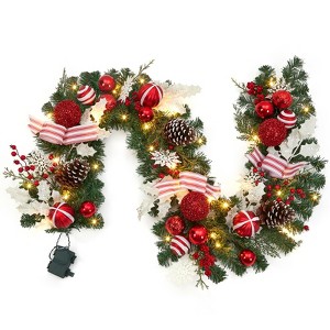 Christmas Garland, 6 Ft Christmas Lighted Garland with Snowflake, Xmas Balls, PineCones and Bow for Mantle Stairs Railing Christmas Decor - 1 of 4