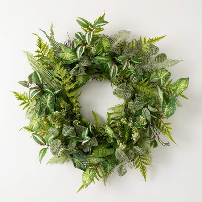 Sullivans Artificial Mixed Foliage Wreath 26"H; Green