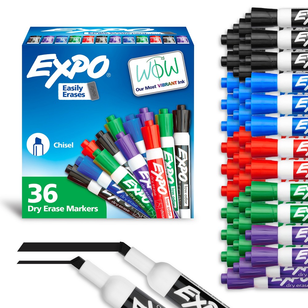Expo 36ct Lo Odor Chisel Markers Assorted Colors: Dry Erase, Bold Point, Multicolored, Whiteboard, Art & Office Supplies