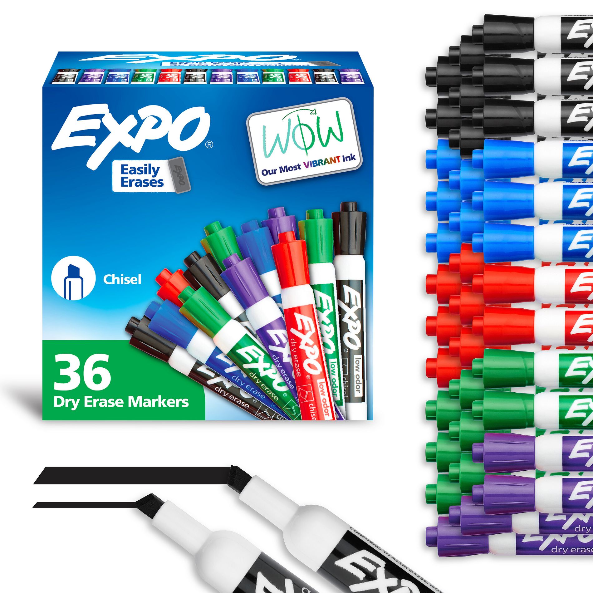 Expo 36ct Lo Odor Chisel Markers Assorted Colors: Dry Erase, Bold Point, Multicolored, Whiteboard, Art & Office Supplies
