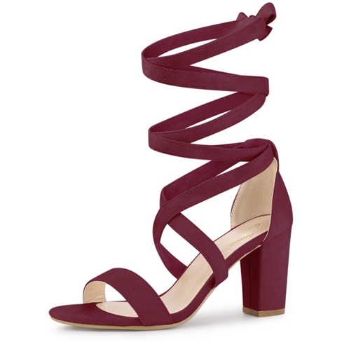 Perphy Crisscross Lace Up Mid Block Heels Sandals for Women Burgundy 8