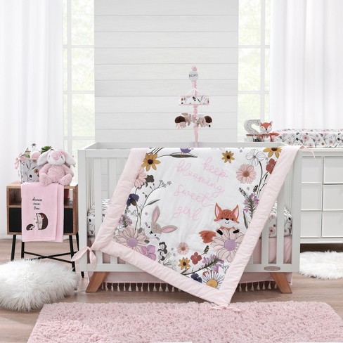 Nojo Keep Blooming Pink White Purple And Gold Flowers Fox Bunny And Birds keep Blooming Sweet Girl 4 Piece Nursery Crib Bedding Set Target