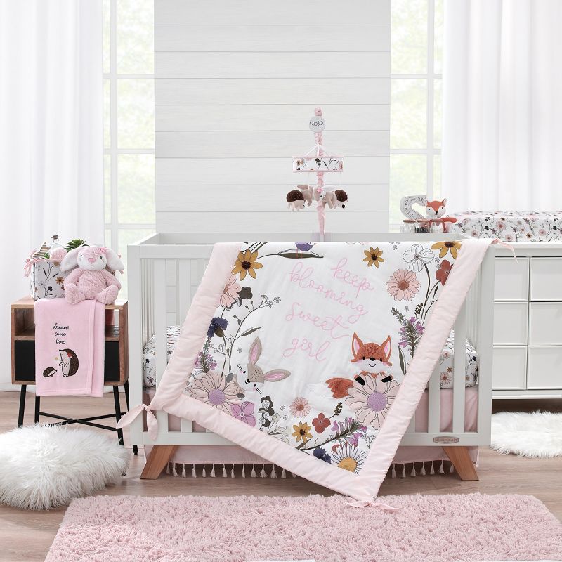 NoJo Keep Blooming Pink, White, Purple and Gold, Flowers, Fox, Bunny and Birds "Keep Blooming Sweet Girl" 4 Piece Nursery Crib Bedding Set, 1 of 11