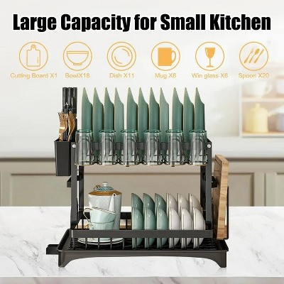 LunaLulinlk Dish Drying Rack, 2 Tier Large Dish Drying Rack for Kitchen Counter with Drainboard Stainless Steel Dish Drainer, Black