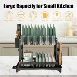 LunaLulinlk Dish Drying Rack, 2 Tier Large Dish Drying Rack for Kitchen Counter with Drainboard Stainless Steel Dish Drainer, Black - 1 of 4