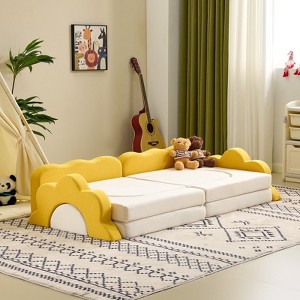 Angel Sar 12-Piece Modular Kids Sofa Set, All-Sponge Construction with Yellow & White Colorblock Corduroy, Free-Combination Play Furniture - 1 of 4