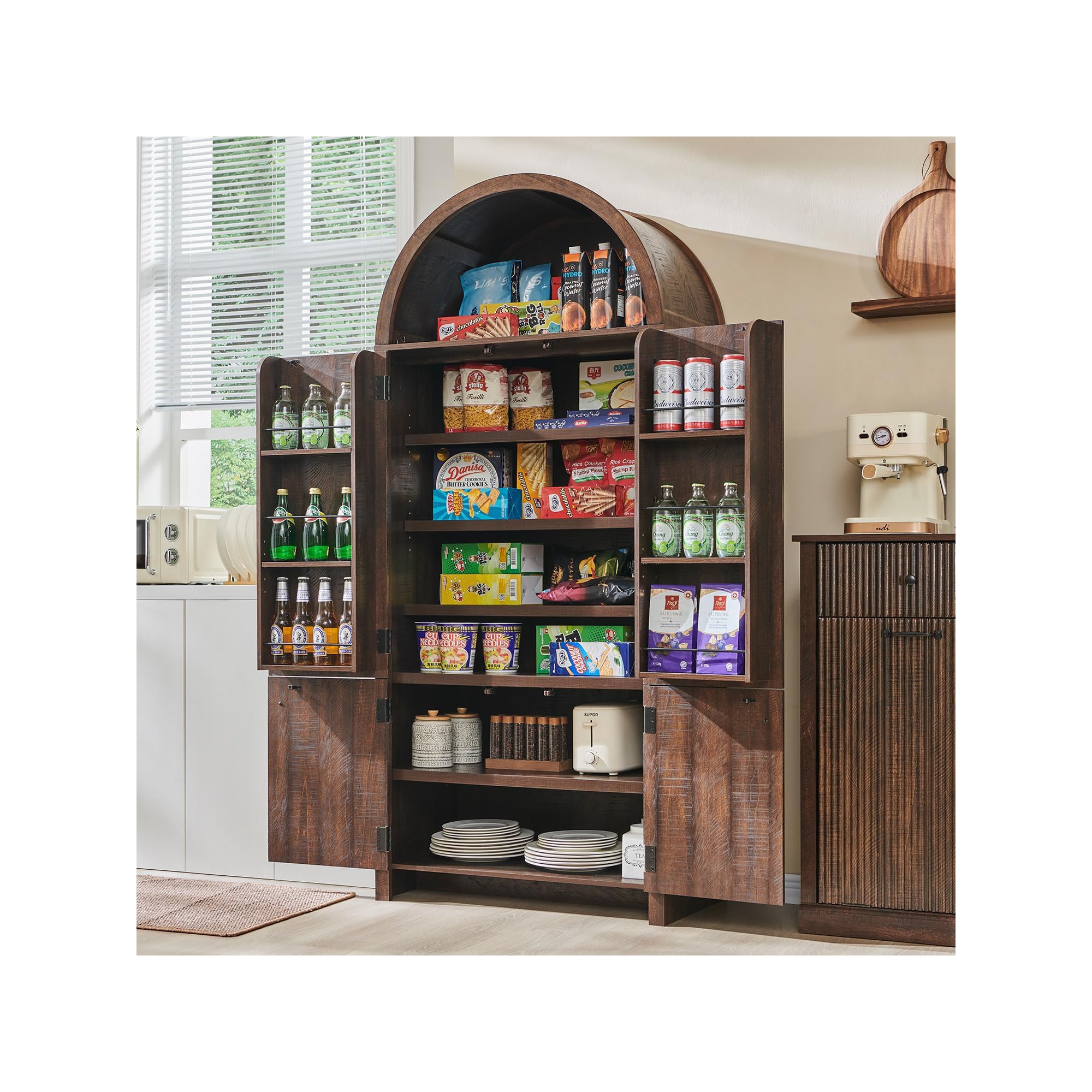 71" Tall Arched Kitchen Pantry, Modern Storage Cabinet with 3 Adjustable Shelves, 6 Door Shelves, for Kitchen, Living Room, Brown