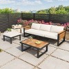 3 PCS Outdoor Sofa Set, 3-Seater Sofa Set with Table and Ottoman, Acacia Wood Sofa with Metal Frame and Polyester Cushion-Coolbibila - 3 of 4