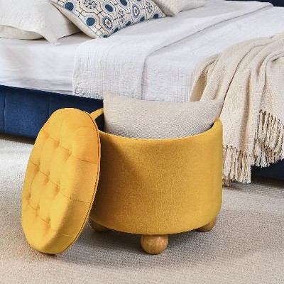 Sapphtopaz Flannel Round Ottoman with Storage, Multi-Functional Ottoman Bench with Reversible Tray Top and Wooden Legs, Ottoman with Storage Space
