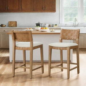 Spruce&Spring Counter Bar Stool with Handwoven Double-faced PVC Backrest, Set of 2 - 1 of 4