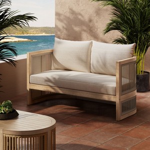 Christopher Knight Home Bonita 54" Outdoor Acacia Wood Upholstered Loveseat with Curved Rope Weave Back - 1 of 4
