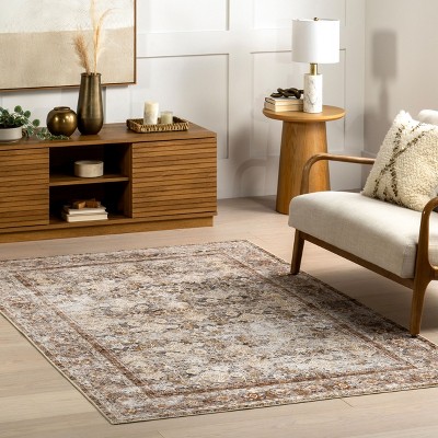 Anise Ivory Floral Rectangular Washable Synthetic Area Rug