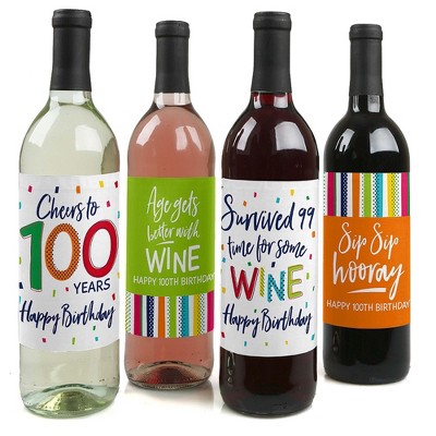 Big Dot of Happiness 100th Birthday - Cheerful Happy Birthday - Colorful One Hundredth Birthday Party Decor - Wine Bottle Label Stickers - Set of 4