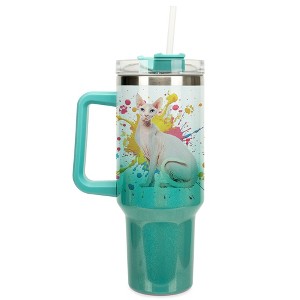 100 North 40 Ounce Stainless Steel Double Wall Insulated Ombre Glitter Travel Tumbler With Handle, Straw, and Lid, Sphynx Cat White and Teal - 1 of 4