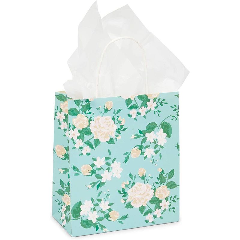 Sparkle and Bash 12-Pack Floral Small Kraft Gift Bags with Handles & 20 Tissue Paper (4 Colors, 8 x 9 x 4 in), 3 of 8