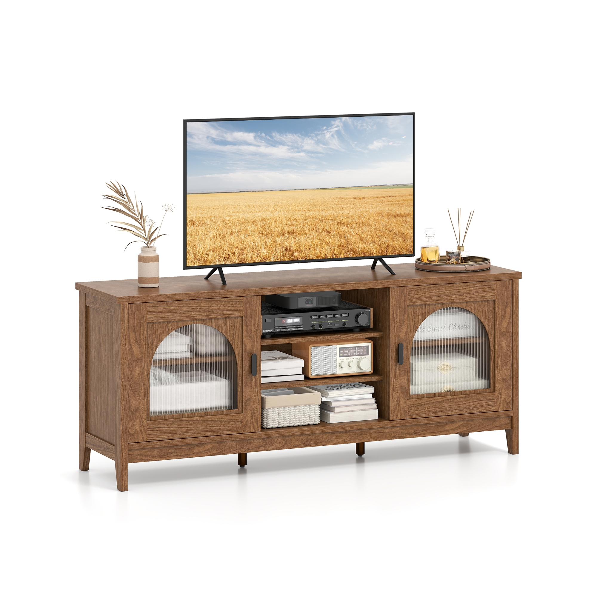 Costway Farmhouse TV Stand for TVs up to 65" Modern Vintage TV Cabinet for Living Room Walnut