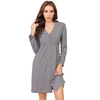 Women's Nightgowns Long Sleeve Button Sleepwear Lace V Neck Short Sleep Dress