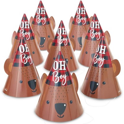 Sparkle and Bash 24-Pack Lumberjack Oh Boy Party Cone Hats in Bear Red Buffalo Plaid for Woodland Baby Shower, Gender Reveal Supplies and Decorations