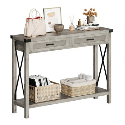 43'' Farmhouse End Table,Console Table Entrance Furniture with 2 Rattan Drawers,Sofa Table with Storage for Entryway, Living Room, Hallway