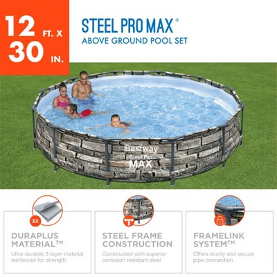 12ft Stone Print Steel Frame Round Above Ground Pool with Filter Pump