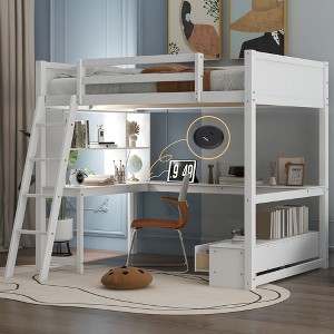 TIRAMISUBEST Full Size Loft Bed with L-shaped Desk, LED light and USB Charging Station, Wooden Loft Bedframe with Storage Bench with 2 Drawers - 1 of 4
