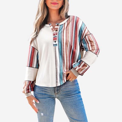 Amaryllis Women’s Waffle Knit Colorblock Pullover Top with Long Striped Sleeves Button Henley Detail
