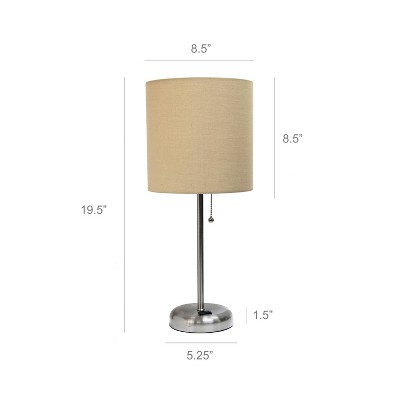 Brushed Steel Stick Nightstand Lamp with Tan Fabric Shade