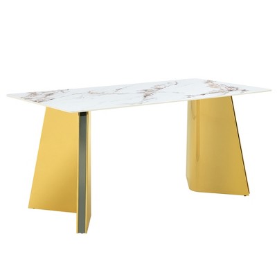 FURNIinspire Dining Tables Modern Rectangular Slab Table with Golden Stainless Steel Butterfly Legs for Dining Room, Gold and White, 63"*31.5"*30"