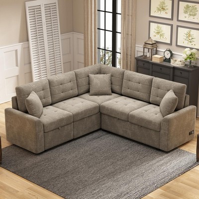 82.6"W L-Shape Sofa Bed with Wheels, Pull-out Sleeper Sofa with USB Ports and Power Sockets - ModernLuxe