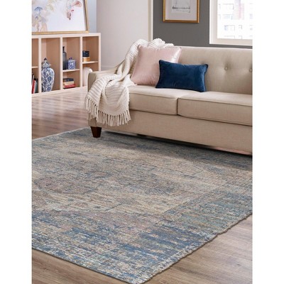 Handwoven Blue Cotton and Synthetic Square Area Rug