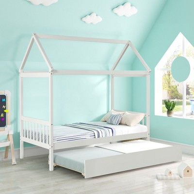 Twin Floor Bed Frame With Roof, Pine Solid Wood Platform Bed Frame With Trundle Twin Bed, House Bed For Boys Girls Bedroom