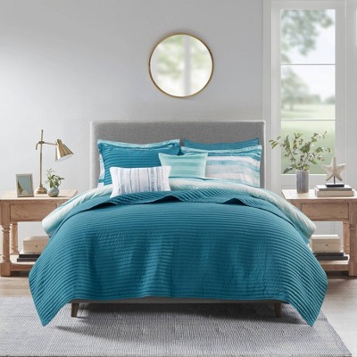 Aqua Microfiber Reversible Full Comforter Set with Channel Stitch