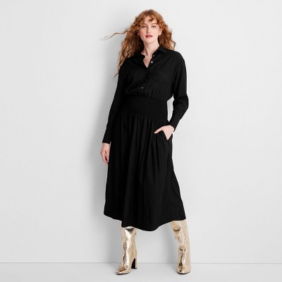 Women's Collared Long Sleeve Smocked Midi Shirtdress - Future Collective