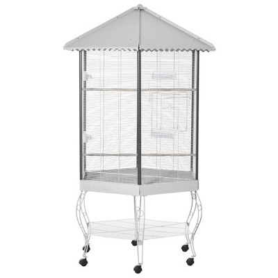 PawHut 77" Flight Bird Cage Hexagon Covered Canopy Portable Aviary With Storage