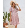 Coolmee Women Summer Maternity Dress Floral Print V Neck Pleated Hem Flutter Sleeve Ruffle A Line Flowy MIdi Dress with Belt - 4 of 4