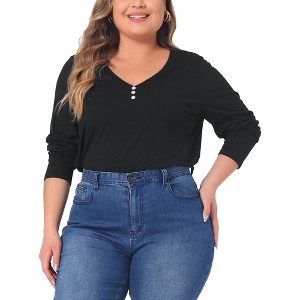 Agnes Orinda Women's Plus Size Long Sleeve V Neck Button Front Casual T-shirt - 1 of 4