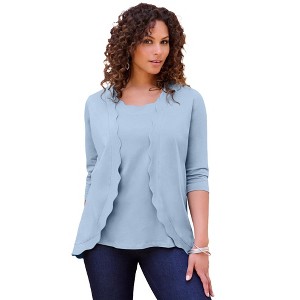 Roaman's Women's Plus Size Scalloped Cardigan And Tank Set - 1 of 4