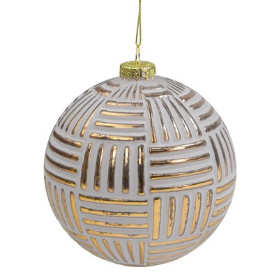 Northlight White and Gold Striped Matte Glass Christmas Ball Ornament 4" (100mm)