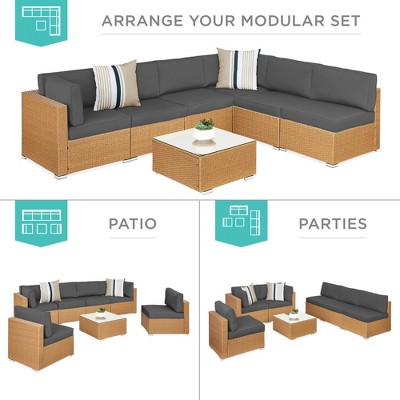 Natural Wicker 7-Piece Outdoor Sectional Set with Gray Cushions