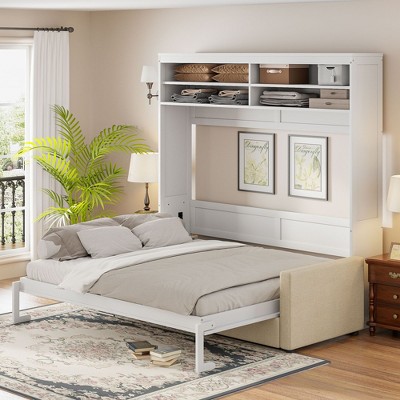 NicBex Queen Size Murphy Bed 93.3" Wooden Frame Murphy Bed Queen Morden Hideaway Wall Bed with Sofa and Shelf for Guest Room