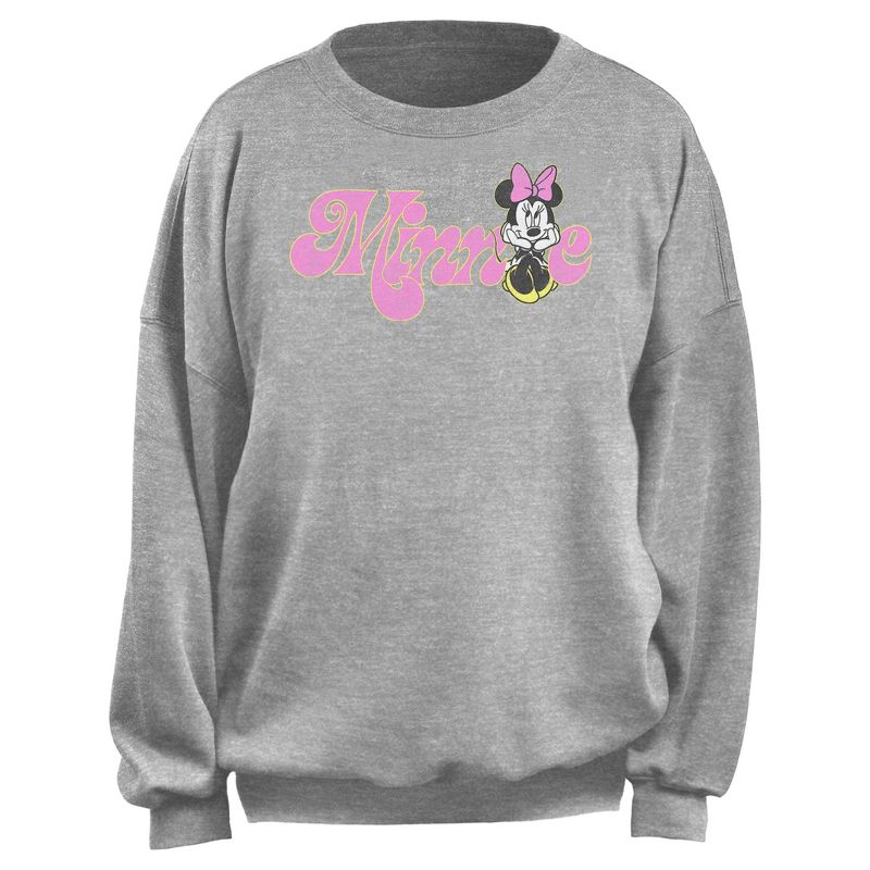 Junior's Minnie Mouse Distressed Retro Pink Logo  Sweatshirt - Heather Gray - X Small, 1 of 3