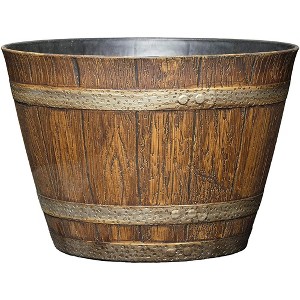 Classic Home and Garden Indoor/Outdoor Round Whiskey Resin Flower Pot Barrel Planter, Oak Brown - 1 of 3
