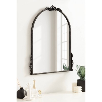 Myrcelle Antique Black Arched Wall Mirror with Ornate Garland Details
