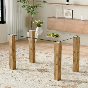 VYNXARIA 49.6'' x 30'' Transparent Tempered Glass Dining Table with Walnut/Wood  MDF Legs - Simple & Elegant Design - 1 of 4